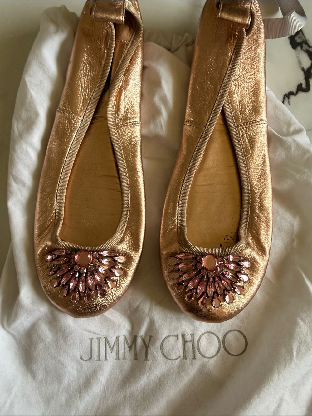 Jimmy Choo Rose Gold Jeweled Leather Ballet Flats